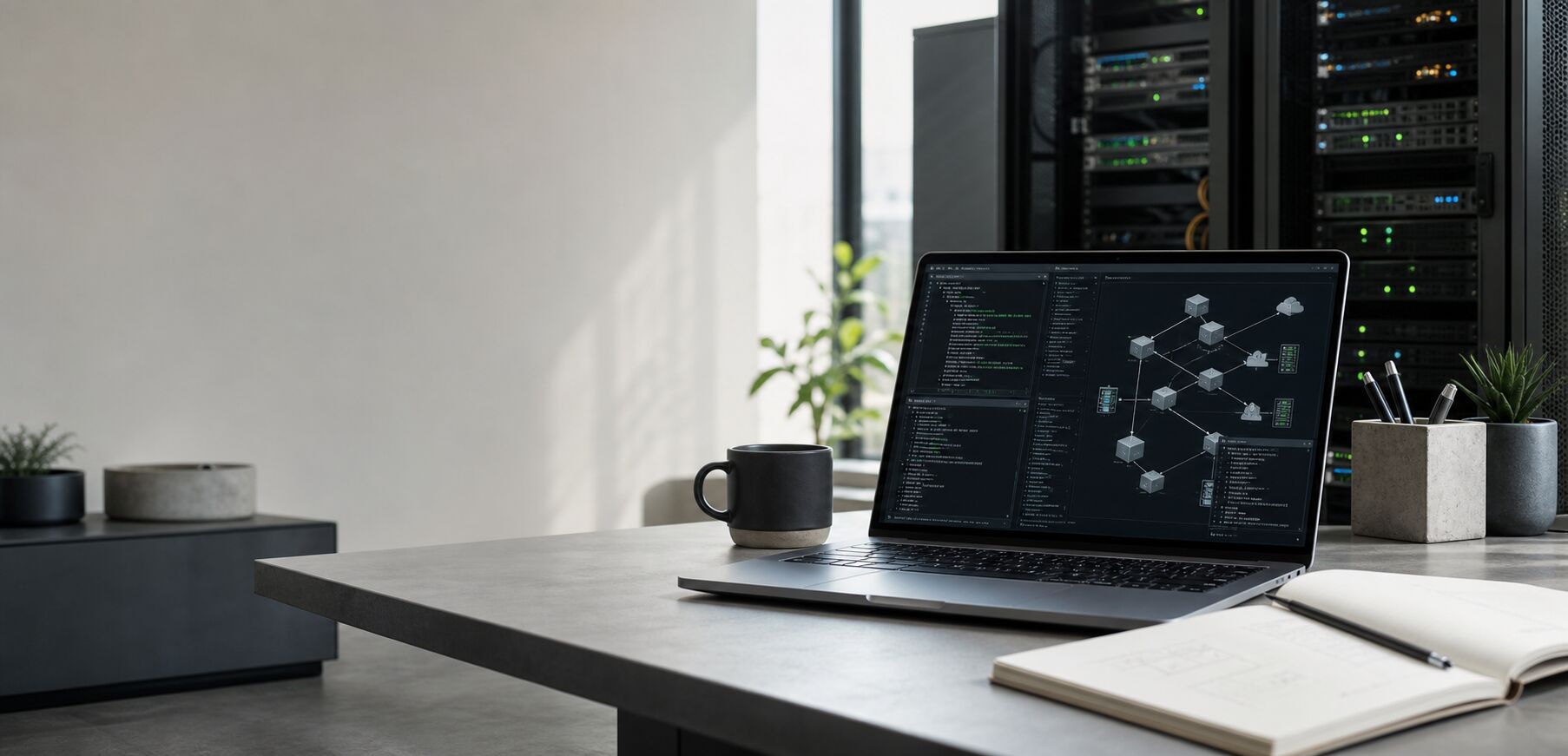 Ruhiger technischer Arbeitsplatz mit Laptop, Infrastrukturdiagrammen und Serverlichtern