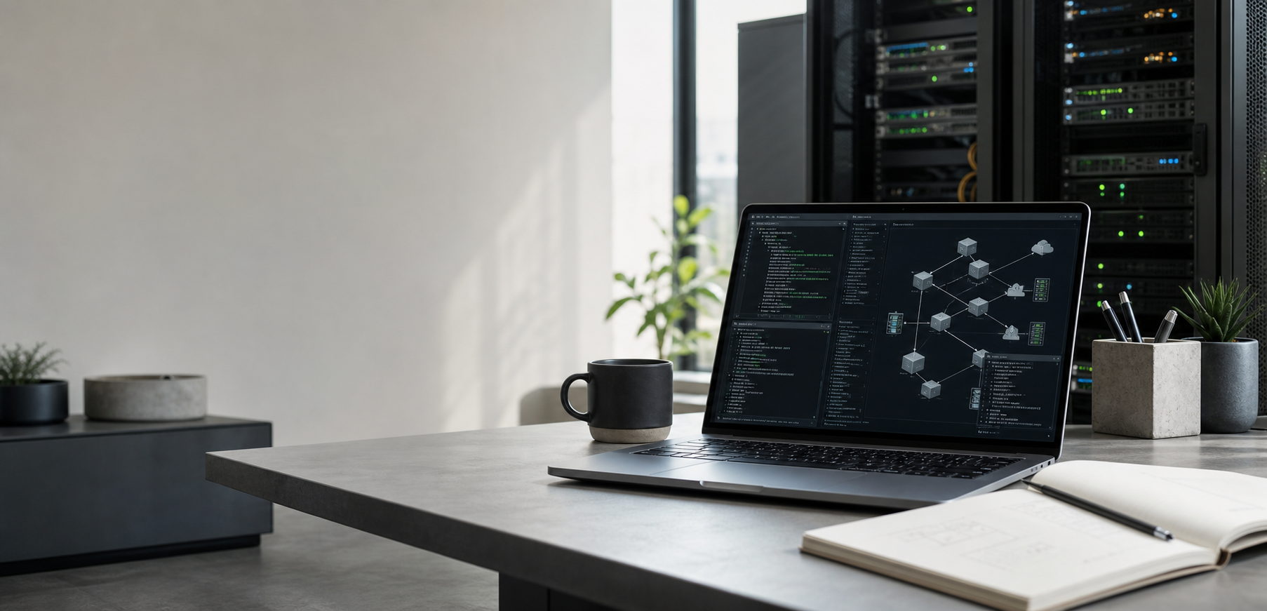 Ruhiger technischer Arbeitsplatz mit Laptop, Infrastrukturdiagrammen und Serverlichtern